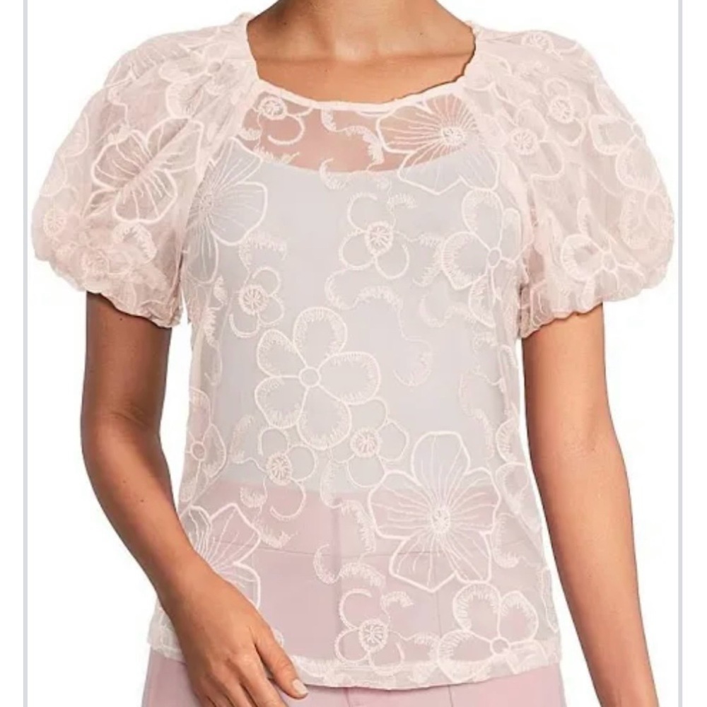 Laundry By Shelli Segal Blush Pink Sheer Floral Puff-Sleeve Blouse